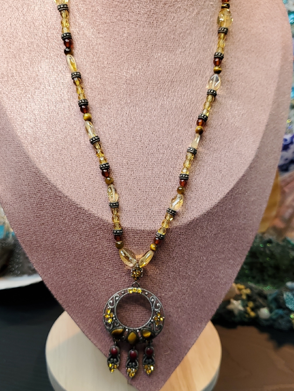 925 Silver Pendant And Semi Precious Stones Citrine, Tigers Eye, Japser Necklace